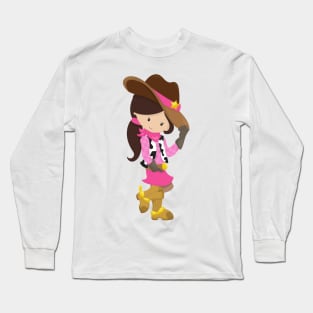 Cowgirl, Sheriff, Western, Country, Brown Hair Long Sleeve T-Shirt